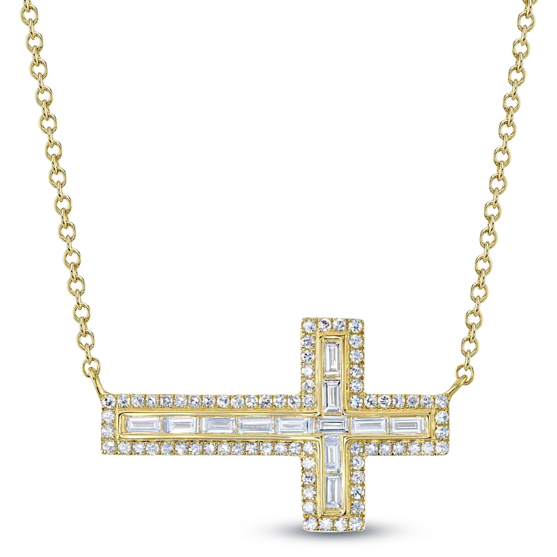 Main Image 1 of Shy Creation Baguette & Round-Cut Diamond Sideways Cross Necklace 1/3 ct tw 14K Yellow Gold 18&quot; SC55007318V2