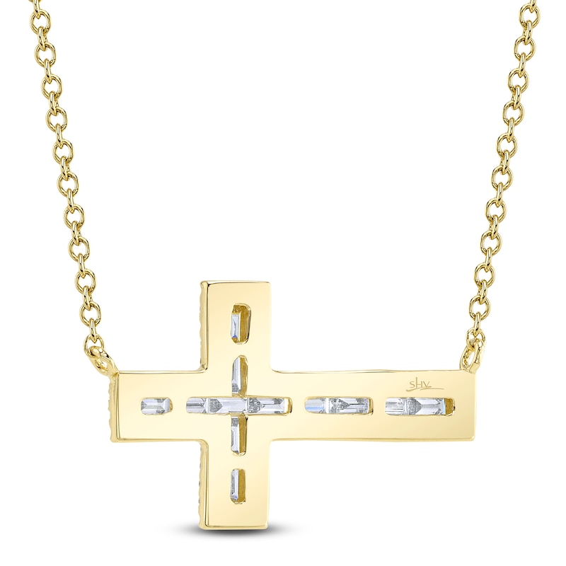 Main Image 3 of Shy Creation Baguette & Round-Cut Diamond Sideways Cross Necklace 1/3 ct tw 14K Yellow Gold 18&quot; SC55007318V2