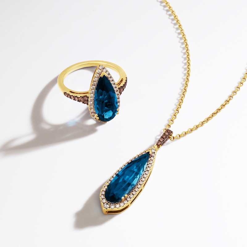 Main Image 4 of Le Vian Silhouette Elongated Pear-Shaped Natural Blue Topaz Necklace 1/3 ct tw Diamonds 14K Honey Gold 19&quot;