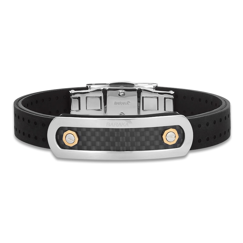 Main Image 1 of Baraka Men's Rubber Strap Bracelet with Stainless Steel, Carbon Fiber & 18K Yellow Gold 7.75&quot;