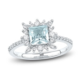 Square-Cut Natural Aquamarine Ring 3/8 ct tw Diamonds 14K White Gold