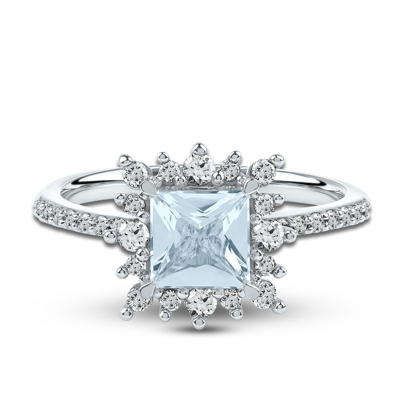 Main Image 3 of Square-Cut Natural Aquamarine Ring 3/8 ct tw Diamonds 14K White Gold