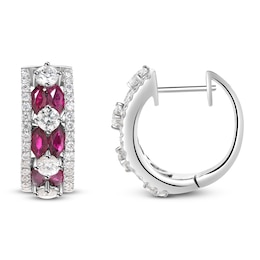 Marquise-Cut Natural Ruby & Diamond Hoop Earrings 7/8 ct tw 18K White Gold