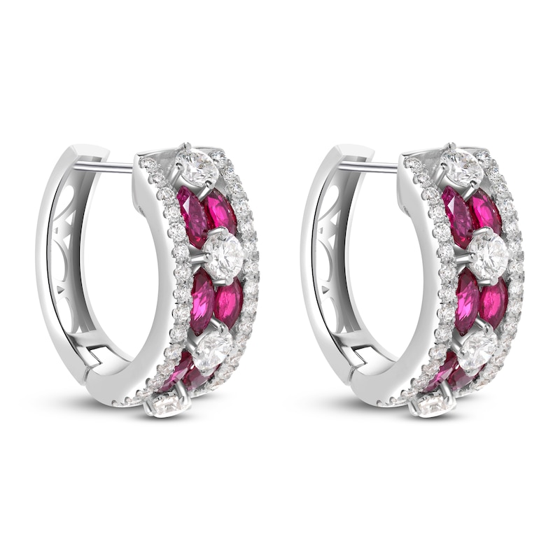 Main Image 3 of Marquise-Cut Natural Ruby & Diamond Hoop Earrings 7/8 ct tw 18K White Gold