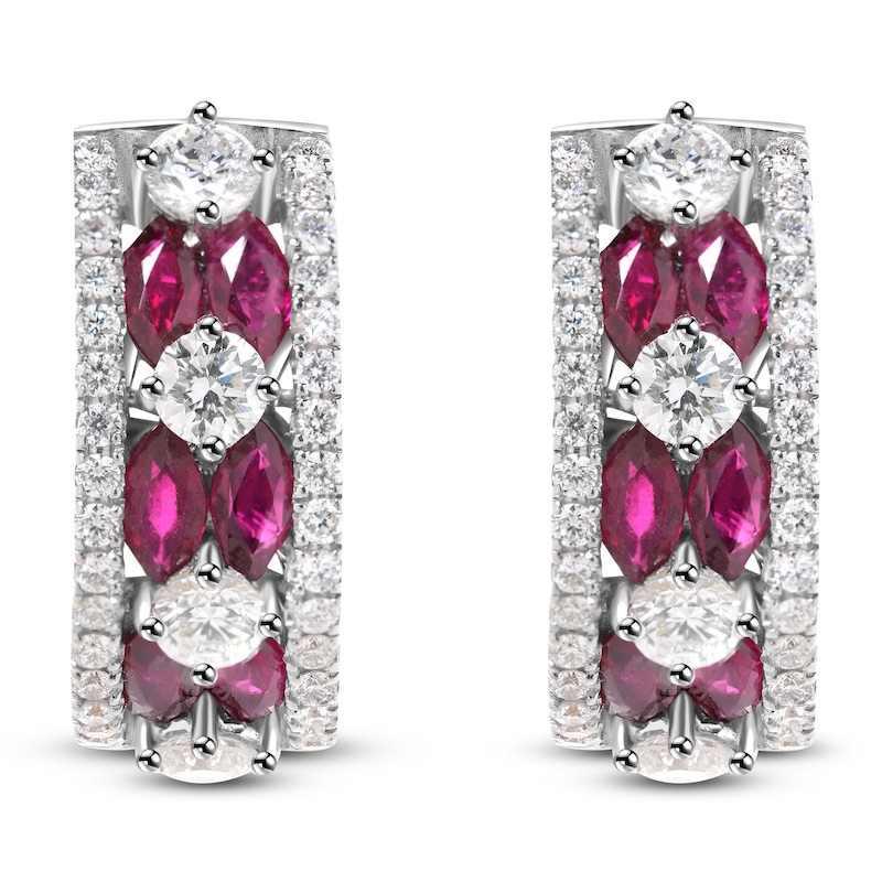 Main Image 4 of Marquise-Cut Natural Ruby & Diamond Hoop Earrings 7/8 ct tw 18K White Gold