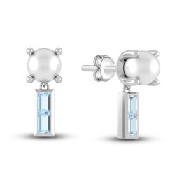Juliette Maison Natural Aquamarine Baguette and Freshwater Cultured Pearl Earrings 10K White Gold