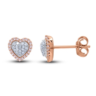 Pink & White Diamond Heart Stud Earrings 1/4 ct tw Round 14K Rose Gold ...