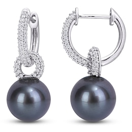 Tahitian Cultured Pearl Drop Earrings 1/2 ct tw Diamonds 14K White Gold