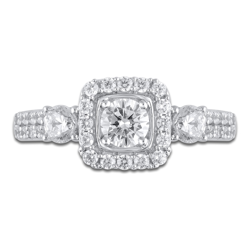 Main Image 3 of Diamond 3-Stone Halo Ring 1-1/6 ct tw Round 14K White Gold