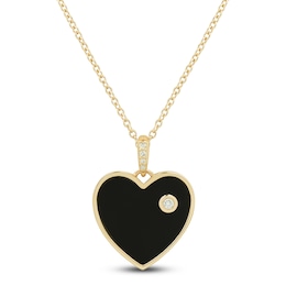 Black Onyx & Diamond Accent Heart Necklace 14K Yellow Gold 17&quot;