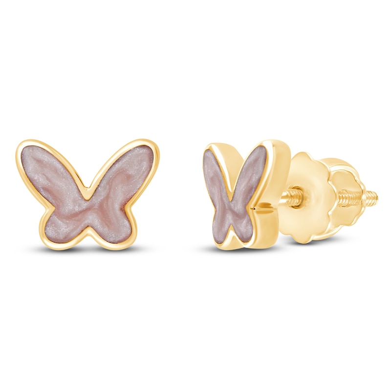 Main Image 2 of Children's Pink Sparkle Enamel Butterfly Stud Earrings 14K Yellow Gold