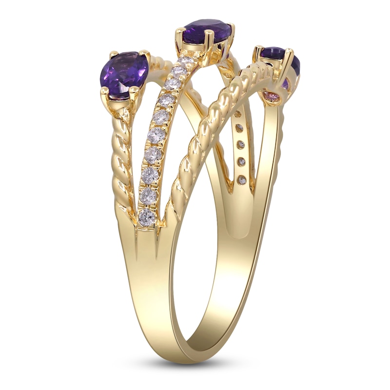 Main Image 3 of Oval-Cut Natural Amethyst & Diamond Three-Row Ring 1/8 ct tw 10K Yellow Gold