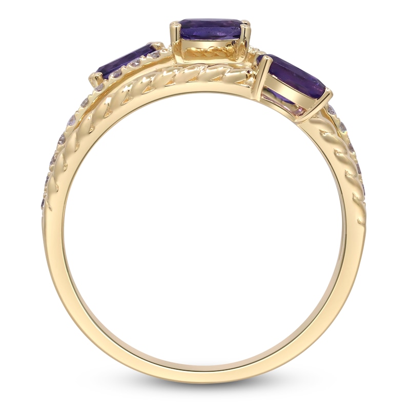 Main Image 4 of Oval-Cut Natural Amethyst & Diamond Three-Row Ring 1/8 ct tw 10K Yellow Gold