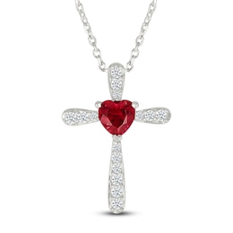 Heart-Shaped Lab-Created Ruby & White Lab-Created Sapphire Cross Necklace Sterling Silver 18&quot;