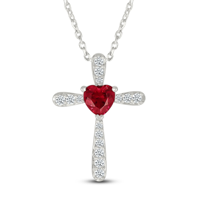 Main Image 1 of Heart-Shaped Lab-Created Ruby & White Lab-Created Sapphire Cross Necklace Sterling Silver 18&quot;