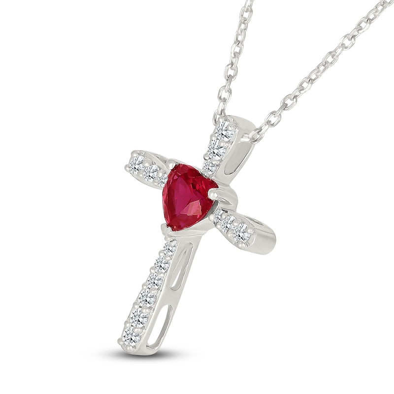 Main Image 2 of Heart-Shaped Lab-Created Ruby & White Lab-Created Sapphire Cross Necklace Sterling Silver 18&quot;