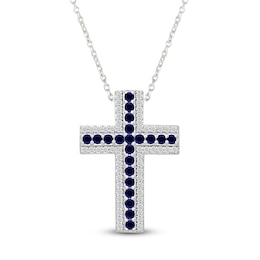 Blue & White Lab-Created Sapphire Cross Necklace Sterling Silver 18&quot;