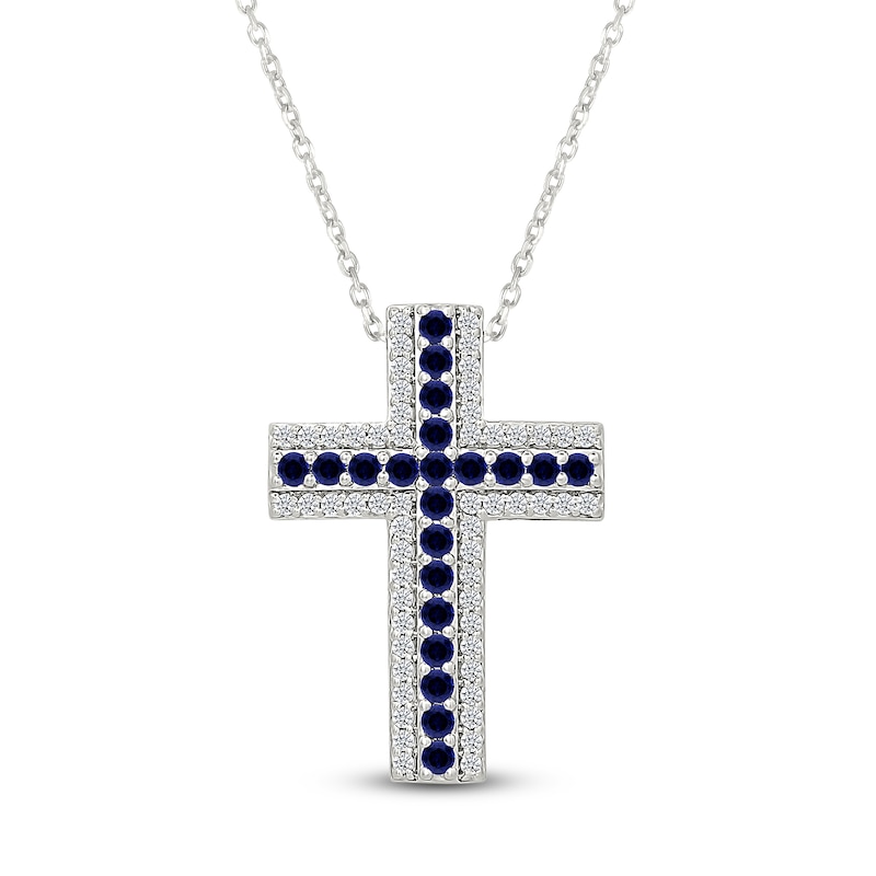 Main Image 1 of Blue & White Lab-Created Sapphire Cross Necklace Sterling Silver 18&quot;