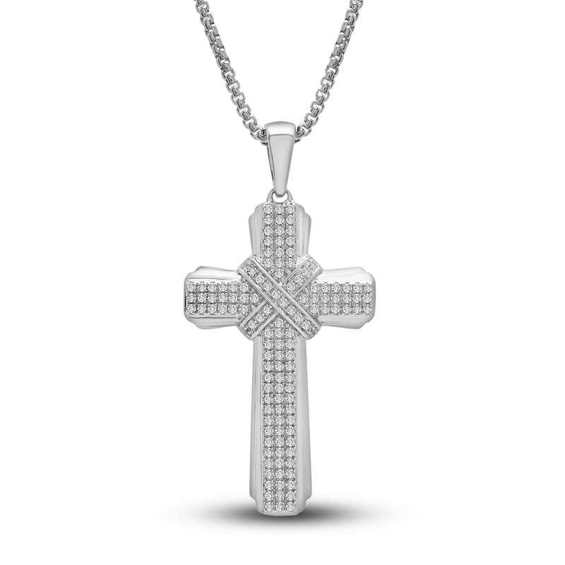 Men's Diamond Cross Pendant Necklace 1/2 ct tw Round Sterling Silver 22"