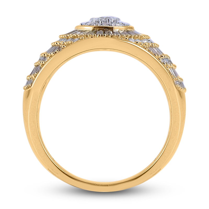 Main Image 2 of Brown & White Diamond Halo Ring 1-1/2 ct tw Round/Baguette 14K Yellow Gold