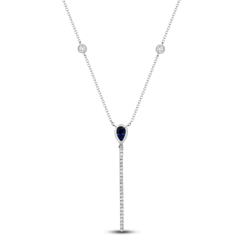 Natural Blue Sapphire & Diamond Y Necklace 1/8 ct tw 14K White Gold