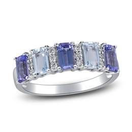 Natural Aquamarine, Natural Tanzanite & Diamond Ring 1/15 14K White Gold