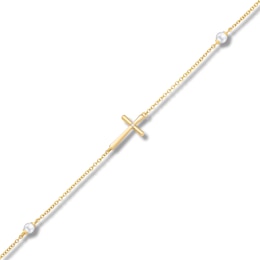 Children's Freshwater Cultured Pearl & Diamond Accent Cross Bracelet 14K Yellow Gold 6&quot;