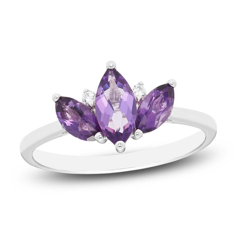 Marquise-Cut Natural Amethyst & Diamond Accent Ring 10K White Gold