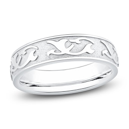 Men's Scroll Pattern Sandblast Wedding Band 18K White Gold 5.9mm