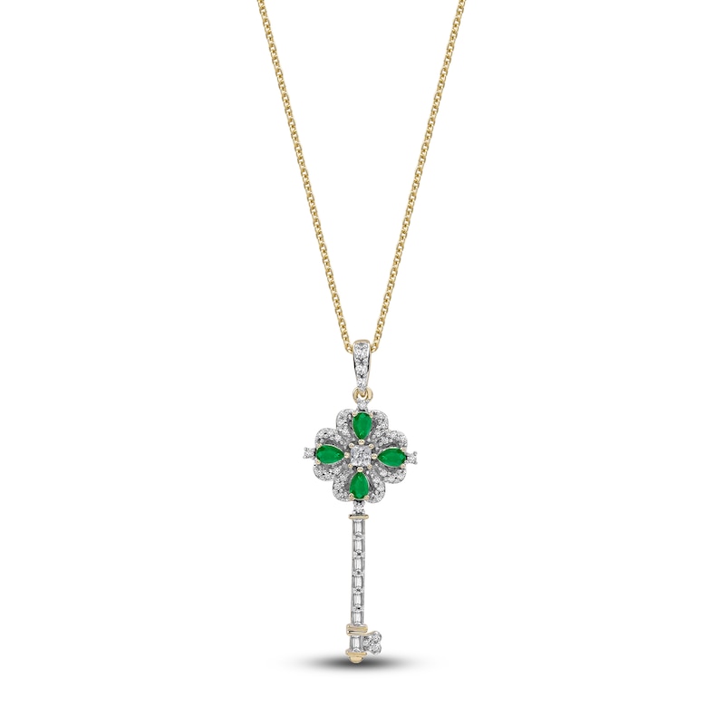 Main Image 1 of Pear-Shaped Natural Emerald & Princess, Round & Baguette-Cut Diamond Pendant Necklace 1/4 ct tw 14K Yellow Gold