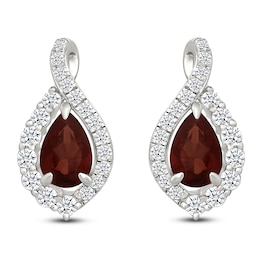 Pear-Shaped Natural Garnet & White Lab-Created Sapphire Teardrop Halo Stud Earrings Sterling Silver