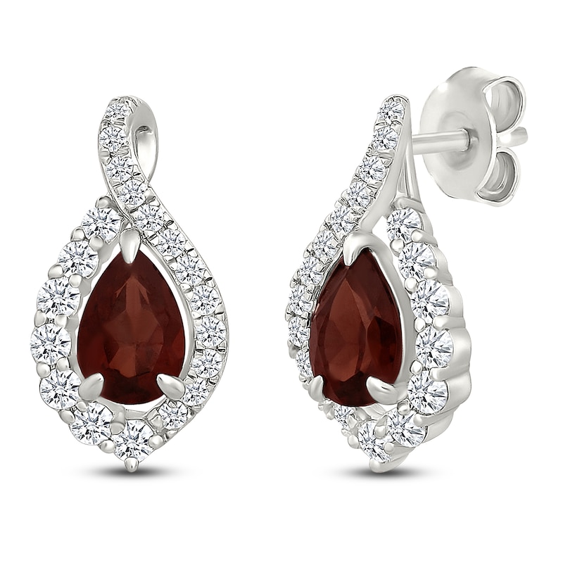 Main Image 2 of Pear-Shaped Natural Garnet & White Lab-Created Sapphire Teardrop Halo Stud Earrings Sterling Silver