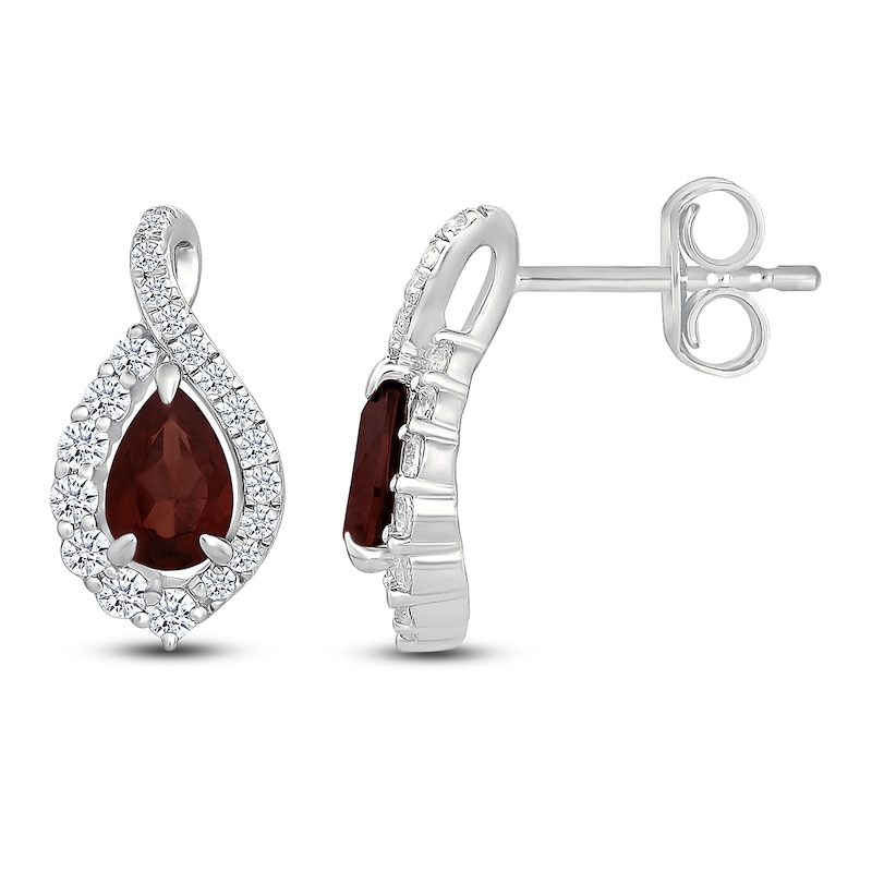 Main Image 3 of Pear-Shaped Natural Garnet & White Lab-Created Sapphire Teardrop Halo Stud Earrings Sterling Silver