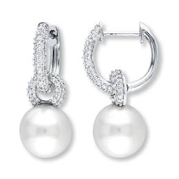 Cultured Pearl Earrings 1/2 ct tw Diamonds 14K White Gold