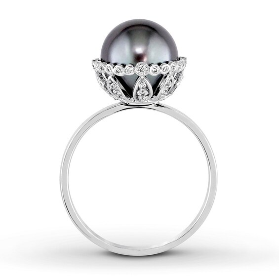 Black Cultured Pearl Ring 1/4 ct tw Diamonds 14K White Gold | Jared