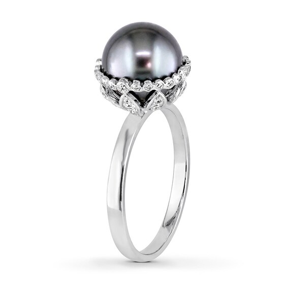 Black Cultured Pearl Ring 1/4 ct tw Diamonds 14K White Gold | Jared