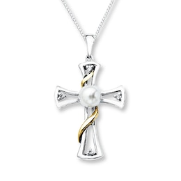 Cross Necklace Cultured Pearl Sterling Silver/10K Yellow Gold