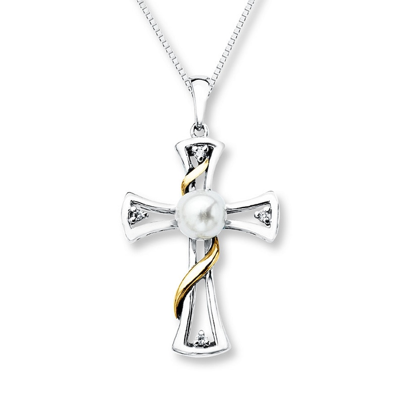 Main Image 1 of Cross Necklace Cultured Pearl Sterling Silver/10K Yellow Gold