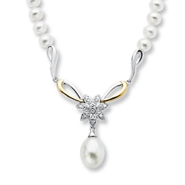 Cultured Pearl Necklace With Diamonds Sterling Silver/10K Yellow Gold