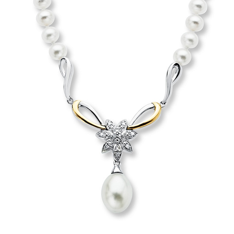 Main Image 1 of Cultured Pearl Necklace With Diamonds Sterling Silver/10K Yellow Gold