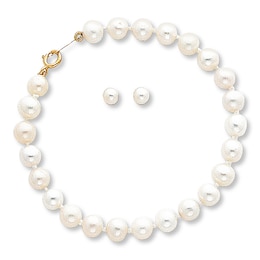 Cultured Pearl Set Earrings & Bracelet 14K Yellow Gold