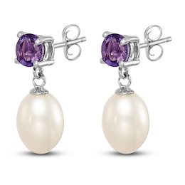 Freshwater Cultured Pearl & Natural Amethyst Dangle Earrings Sterling Silver