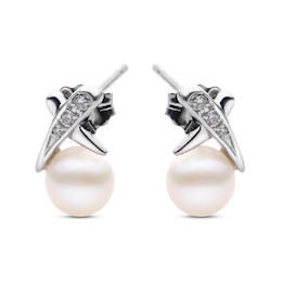 Akoya Cultured Pearl Stud Earrings Diamond Accent 14K White Gold