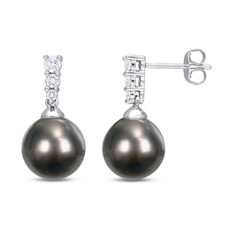 Tahitian Cultured Pearl Earrings 1/4 ct tw Diamonds 10K White Gold