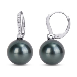 Tahitian Cultured Pearl Earrings 1/8 ct tw Diamonds 10K White Gold