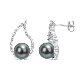 Tahitian Cultured Pearl/Natural White Sapphire Earrings 10K White Gold