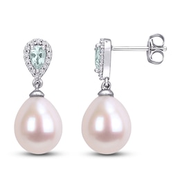 Freshwater Cultured Pearl & Natural Aquamarine Drop Earrings 1/8 ct tw Diamonds 10K White Gold