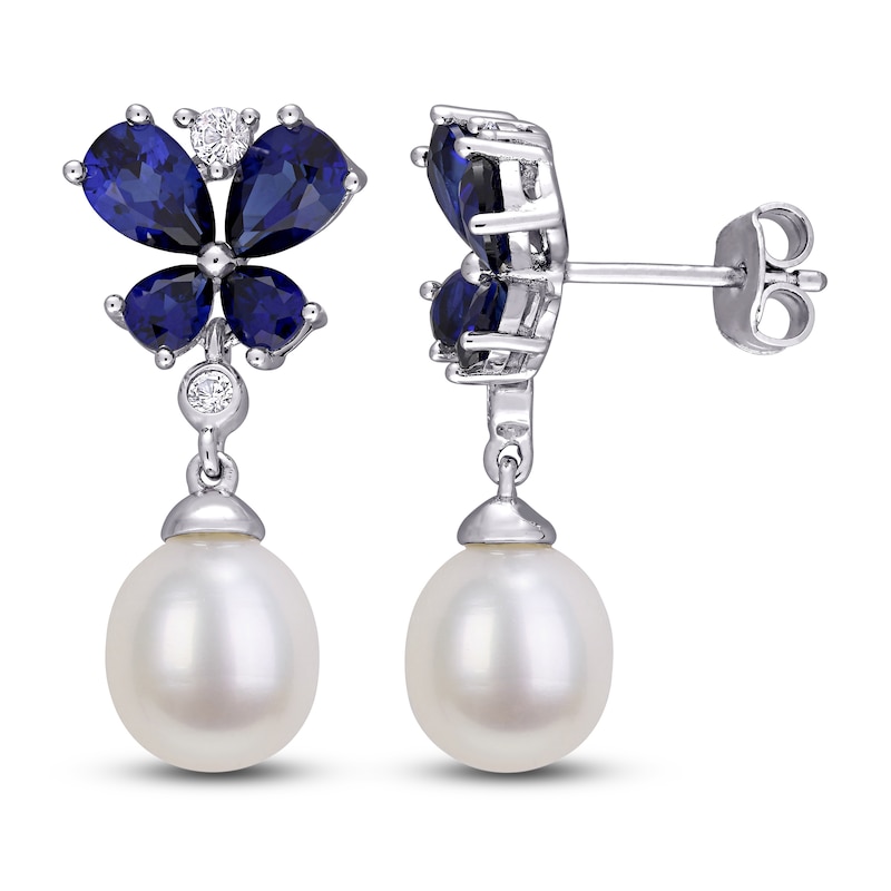 Main Image 1 of Freshwater Cultured Pearl & Lab-Created Sapphire Drop Earrings Sterling Silver