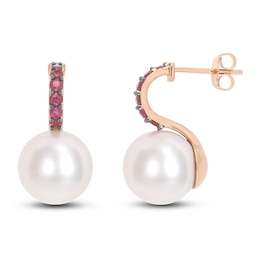 Freshwater Cultured Pearl & Natural Ruby Drop Earrings 10K Rose Gold