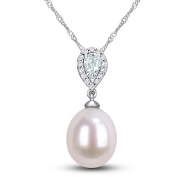 Freshwater Cultured Pearl & Natural Aquamarine Necklace 1/15 ct tw Diamonds 10K White Gold